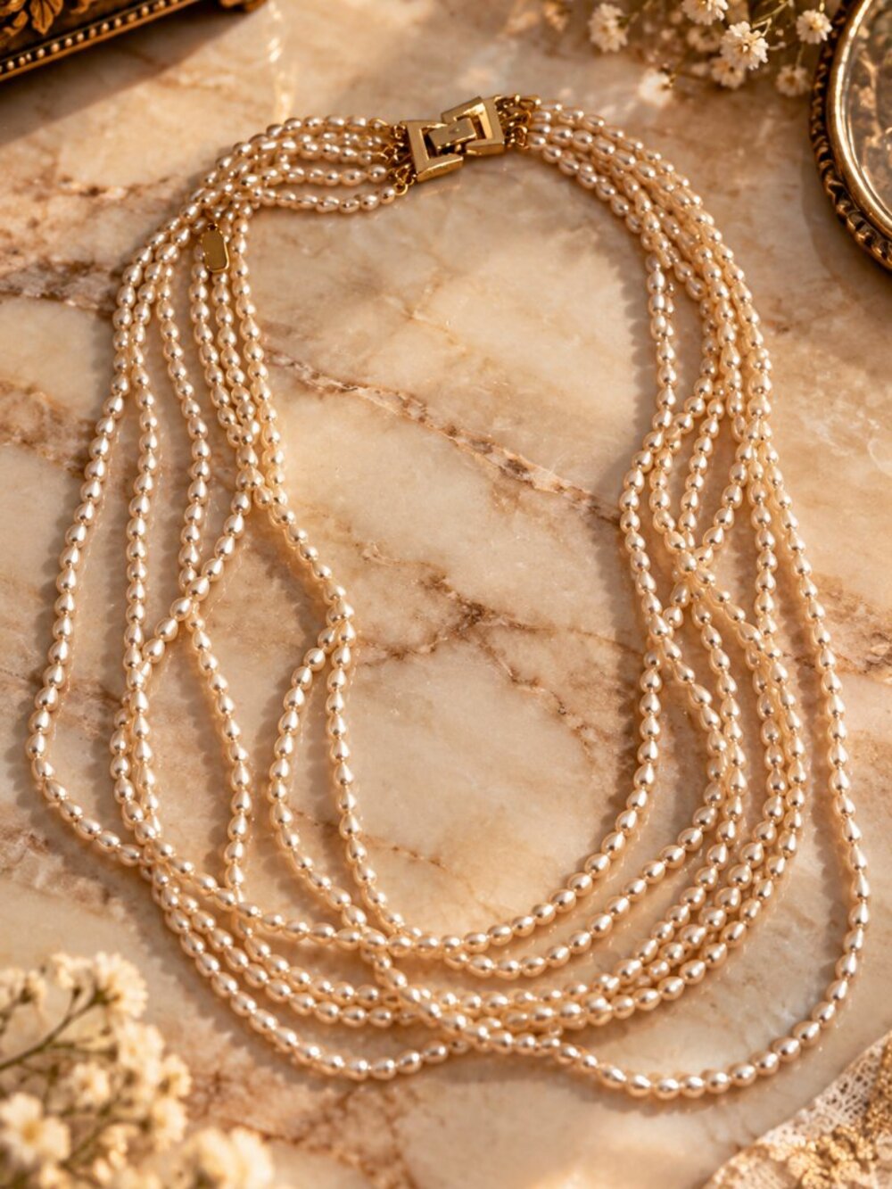 Vintage 5-Strand Faux Pearl Necklace – Elizabeth of Canada – Gold-Tone Clasp